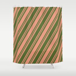 [ Thumbnail: Dark Salmon and Dark Olive Green Colored Striped/Lined Pattern Shower Curtain ]