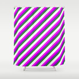 [ Thumbnail: Eye-catching Fuchsia, Dark Violet, Forest Green, Mint Cream, and Light Grey Colored Stripes Pattern Shower Curtain ]