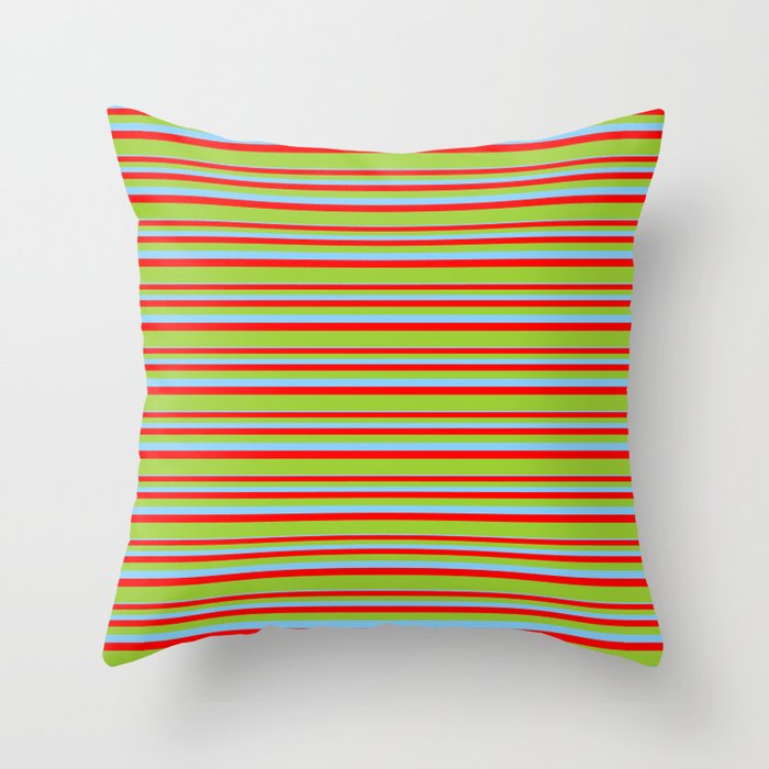 Light Sky Blue, Red & Green Colored Lines/Stripes Pattern Throw Pillow