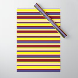 [ Thumbnail: Dark Red, Dark Slate Blue, Yellow & Tan Colored Stripes Pattern Wrapping Paper ]