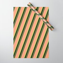[ Thumbnail: Colorful Pale Goldenrod, Green, Black, Dark Olive Green & Light Salmon Colored Lined/Striped Pattern Wrapping Paper ]