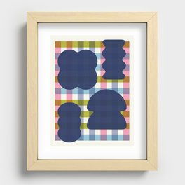 Funky Organic Shapes on Plaid Background \\ Deep Blue Shapes & Multicolor Plaid Recessed Framed Print