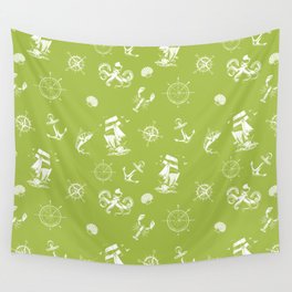 Light Green And White Silhouettes Of Vintage Nautical Pattern Wall Tapestry
