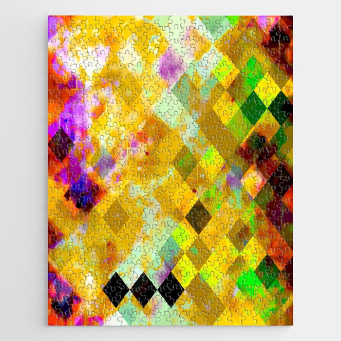 geometric pixel square pattern abstract background in yellow green brown purple Jigsaw Puzzle