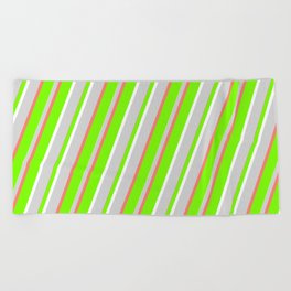 [ Thumbnail: Green, White, Light Gray & Salmon Colored Striped/Lined Pattern Beach Towel ]