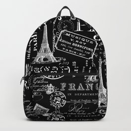 Vintage Paris French Lifestyle With Eiffel Tower Black And White Allover Pattern Backpack | Text, Vintage, Eiffeltower, Nostalgic, Souvenier, Black, French, Century, White, Pattern 
