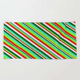 [ Thumbnail: Vibrant Turquoise, Green, Red, Lavender & Dark Green Colored Lined/Striped Pattern Beach Towel ]
