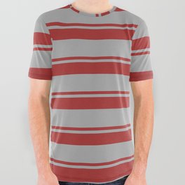 [ Thumbnail: Brown & Dark Gray Colored Lined Pattern All Over Graphic Tee ]