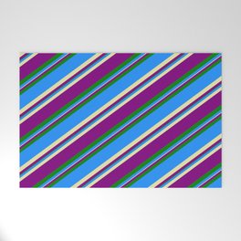 [ Thumbnail: Blue, Pale Goldenrod, Purple & Green Colored Lined/Striped Pattern Welcome Mat ]