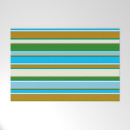 [ Thumbnail: Forest Green, Deep Sky Blue, Beige, Sky Blue, and Dark Goldenrod Colored Striped/Lined Pattern Welcome Mat ]