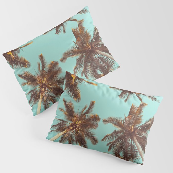 Tropical palm tree with blue sky and cloud abstract background. Summer vacation and nature travel adventure concept. Pastel tone filter effect color style.  Pillow Sham