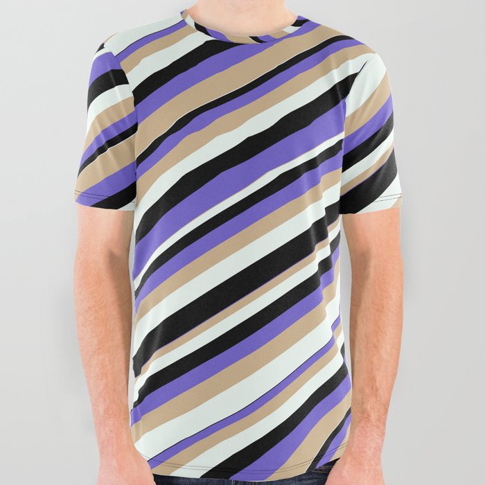 Black, Slate Blue, Tan, and Mint Cream Colored Stripes Pattern All Over Graphic Tee