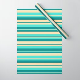 [ Thumbnail: Dark Cyan, Tan & Turquoise Colored Pattern of Stripes Wrapping Paper ]