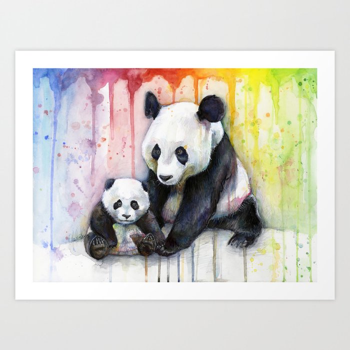 Rainbow Pandas Watercolor Mom and Baby Panda Nursery Art Art Print