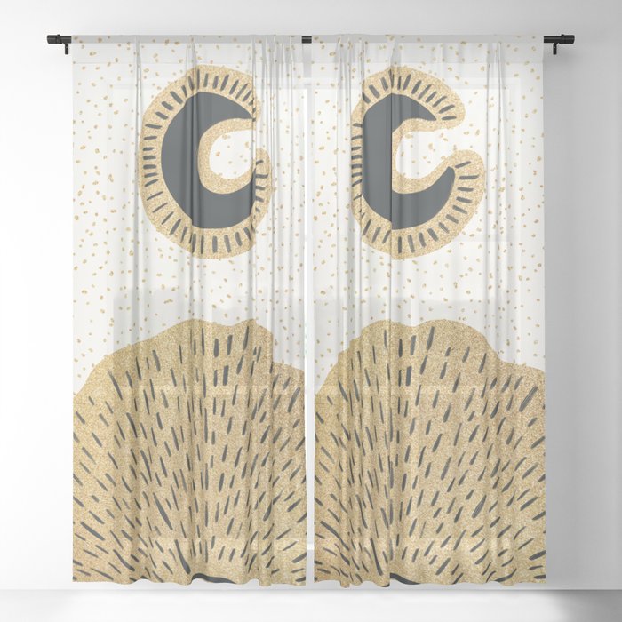 Sun and Moon Relationship // Cosmic Rays of Black with Gold Speckle Stars Cool Minimal Digital Drawn Sheer Curtain