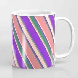 [ Thumbnail: Purple, Sea Green, Light Coral, and Bisque Colored Lined/Striped Pattern Coffee Mug ]