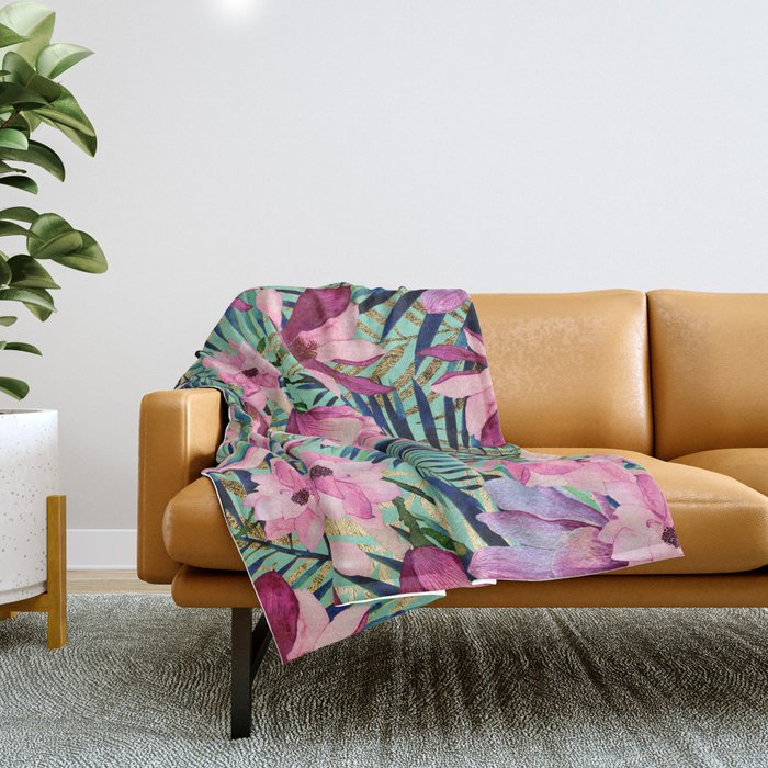 Tropical pink lavender aqua gold watercolor floral Throw Blanket by Pink Water Society6