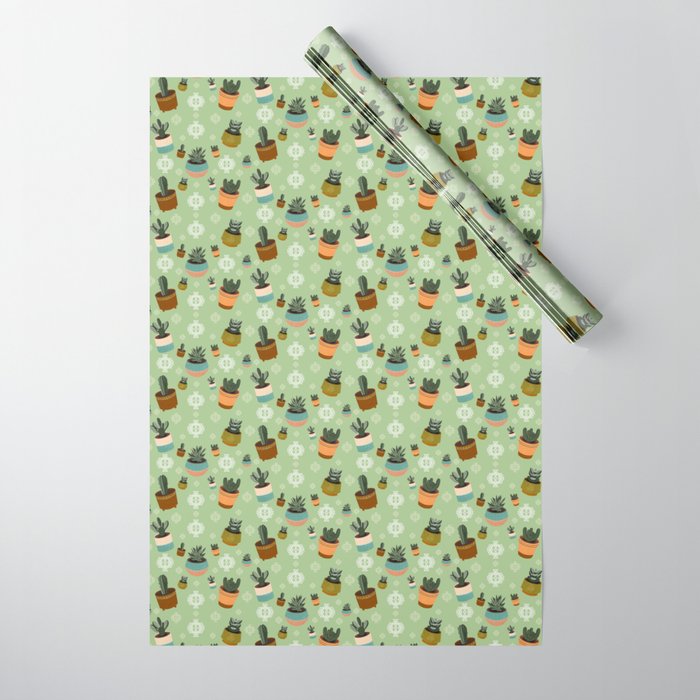 Mid Century Modern Potted Succulents and Cacti Pattern in Light Green Wrapping Paper