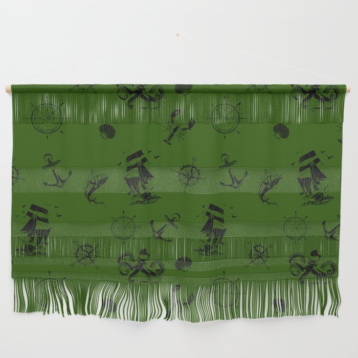 Green And Black Silhouettes Of Vintage Nautical Pattern Wall Hanging