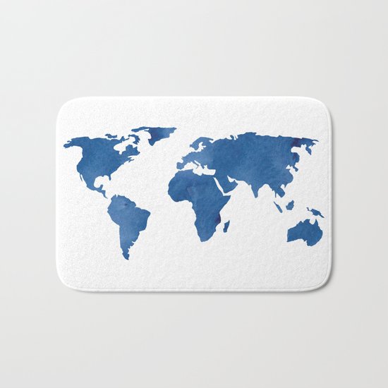 Map - Blue World Map Watercolor Bath Mat