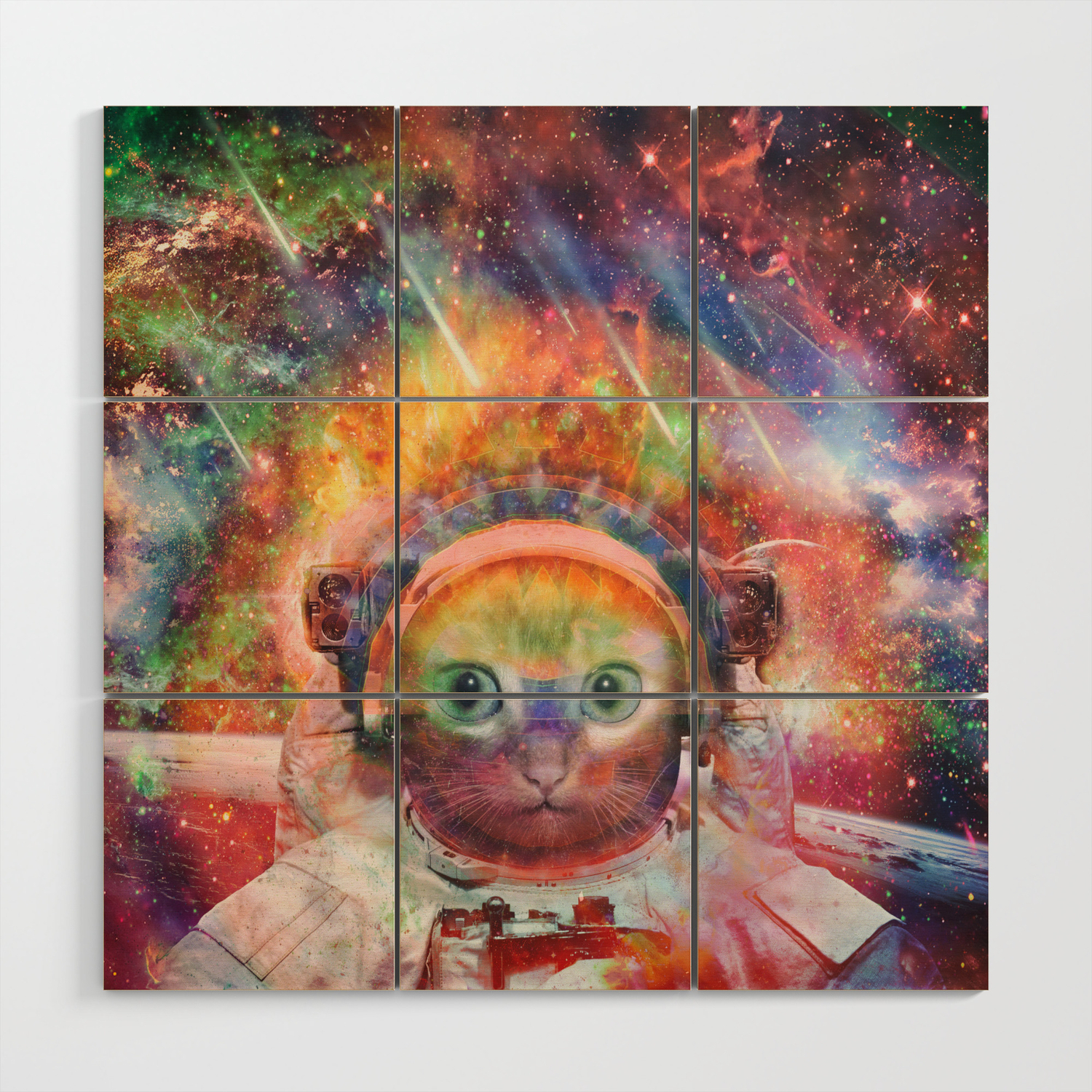 Psychedelic Trippy Cat Astronaut Wood Wall Art By