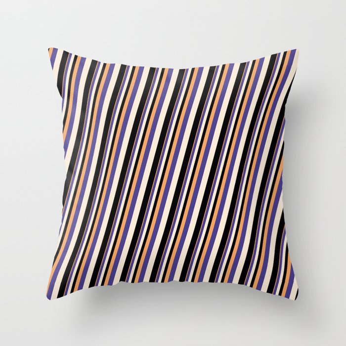 Brown, Dark Slate Blue, Beige & Black Colored Striped Pattern Throw Pillow