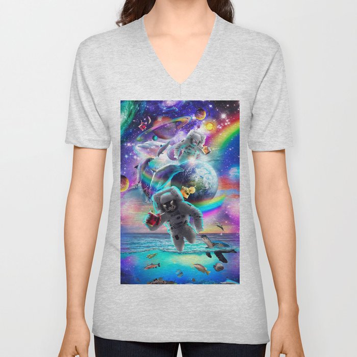 Space Cat Astronaut In Rainbow Galaxy Dolphin Rainbow V Neck T Shirt