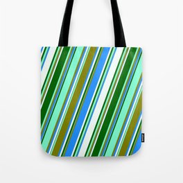 [ Thumbnail: Aquamarine, Green, Blue, Mint Cream, and Dark Green Colored Lined/Striped Pattern Tote Bag ]