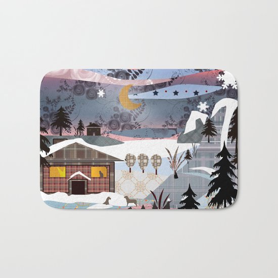 Digital illustration of Winter evening . Quilting. Patchwork . Bath Mat