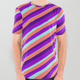 [ Thumbnail: Dark Violet, Turquoise, Salmon, and Indigo Colored Lined Pattern All Over Graphic Tee ]