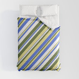 [ Thumbnail: Dark Olive Green, Tan, Royal Blue, and White Colored Stripes Pattern Comforter ]