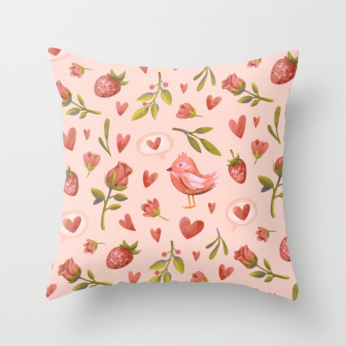 Red Hearts Tulips Strawberries Bird Cute Pattern Throw Pillow