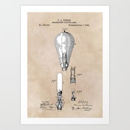 patent art Edison 1892 Incandescent electric lamp Art Print