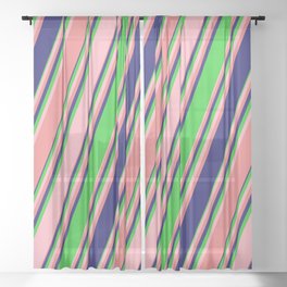 [ Thumbnail: Lime Green, Light Pink, Light Coral & Midnight Blue Colored Lines/Stripes Pattern Sheer Curtain ]