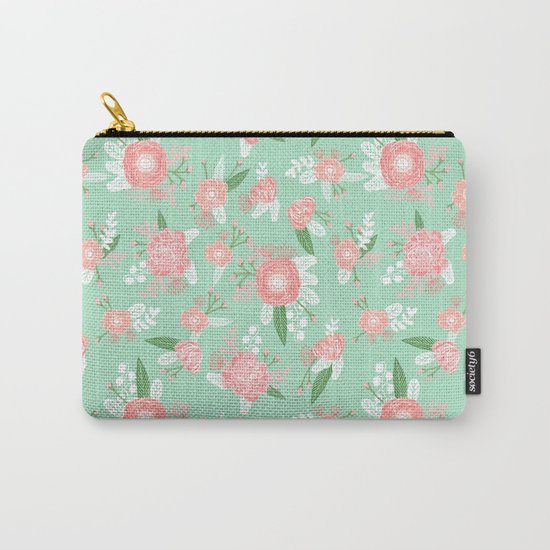Floral bouquet pastel mint pink florals boho painted pattern basic minimal pattern print Carry-All Pouch