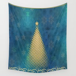 Teal Blue Snowflakes with Golden Christmas Tree  Wall Tapestry