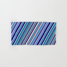 [ Thumbnail: Dark Cyan, Cornflower Blue, Grey, Blue & Pink Colored Stripes/Lines Pattern Hand & Bath Towel ]