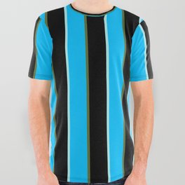 [ Thumbnail: Turquoise, Deep Sky Blue, Dark Olive Green, and Black Colored Stripes/Lines Pattern All Over Graphic Tee ]