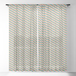 [ Thumbnail: Light Sea Green, Brown & Light Pink Colored Lined/Striped Pattern Sheer Curtain ]