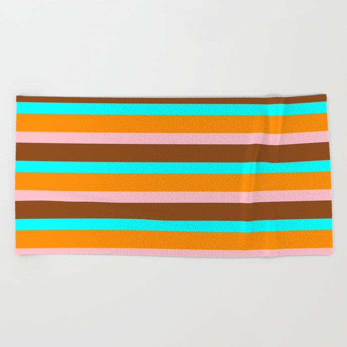 Dark Orange, Pink, Brown & Aqua Colored Lined Pattern Beach Towel