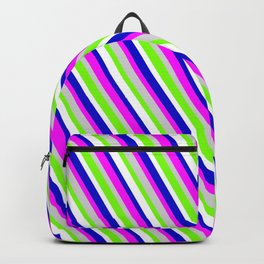 [ Thumbnail: Eyecatching Blue, Fuchsia, Light Gray, Green, and White Colored Lined Pattern Backpack ]