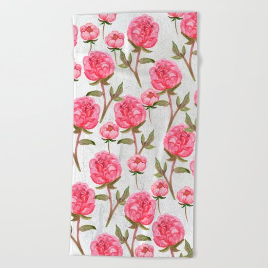 Pink Peonies On White Chalkboard Beach Towel