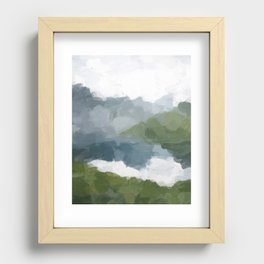 Cloud Reflection - Gray Blue Lake White Green Mountain Reflection Abstract Nature Painting Art Print Recessed Framed Print