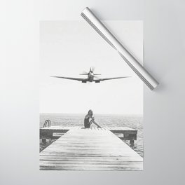 Steady As She Goes; aircraft coming in for an island landing black and white photography- photographs Wrapping Paper