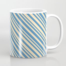[ Thumbnail: Beige & Blue Colored Lined/Striped Pattern Coffee Mug ]