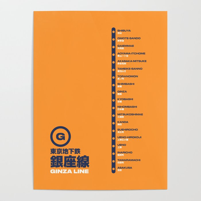 Ginza Line Tokyo Train Station List Map - Orange Poster