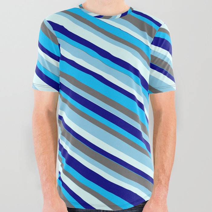 Vibrant Dim Gray, Sky Blue, Light Cyan, Blue & Deep Sky Blue Colored Lined/Striped Pattern All Over Graphic Tee