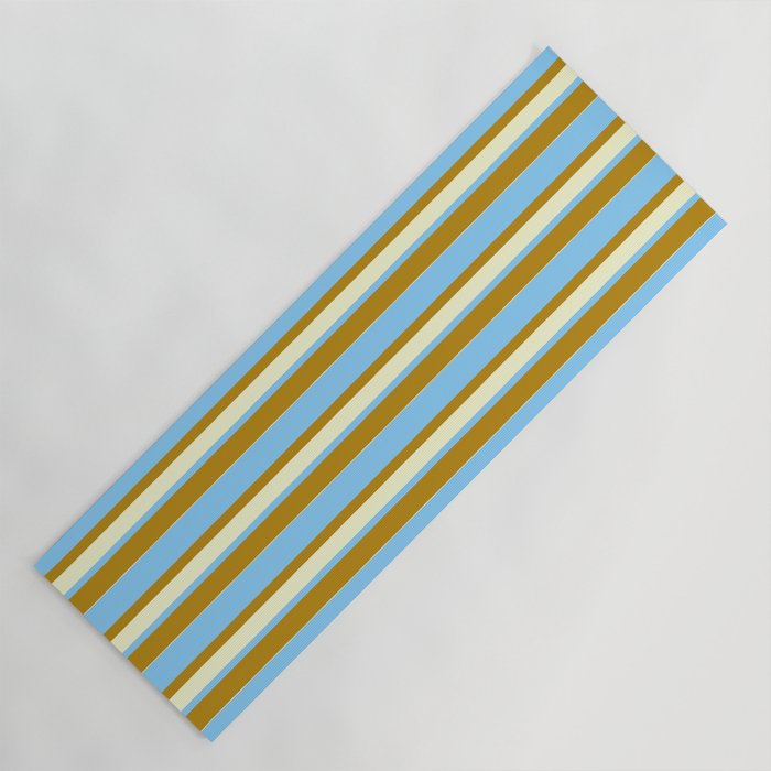 Light Sky Blue, Dark Goldenrod, and Light Yellow Colored Lined/Striped Pattern Yoga Mat