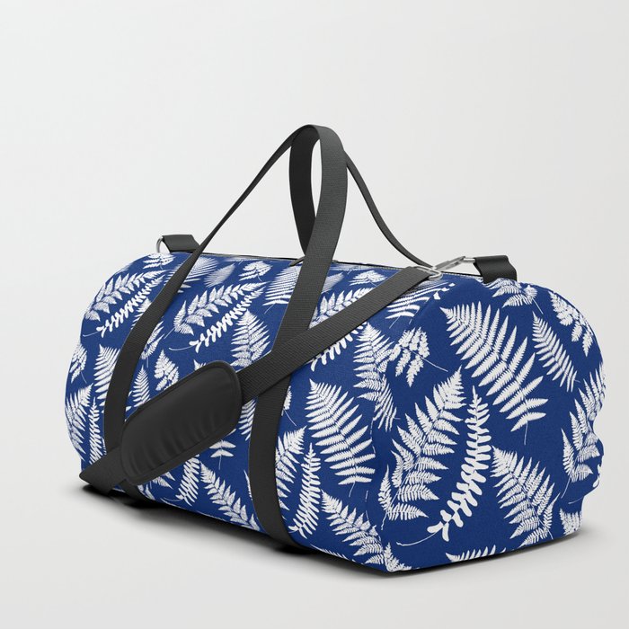 Woodland Fern Pattern, Cobalt Blue and White Duffle Bag by mmgladn10 | Society6
