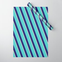 [ Thumbnail: Turquoise, Midnight Blue & Tan Colored Striped/Lined Pattern Wrapping Paper ]